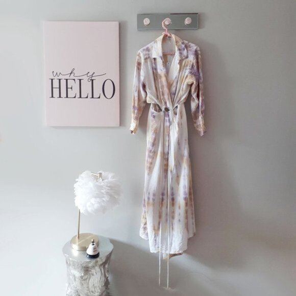 NWT YFB yellow gold and purple tie dye collared cutout wrap front tie sun dress - Picture 6 of 7